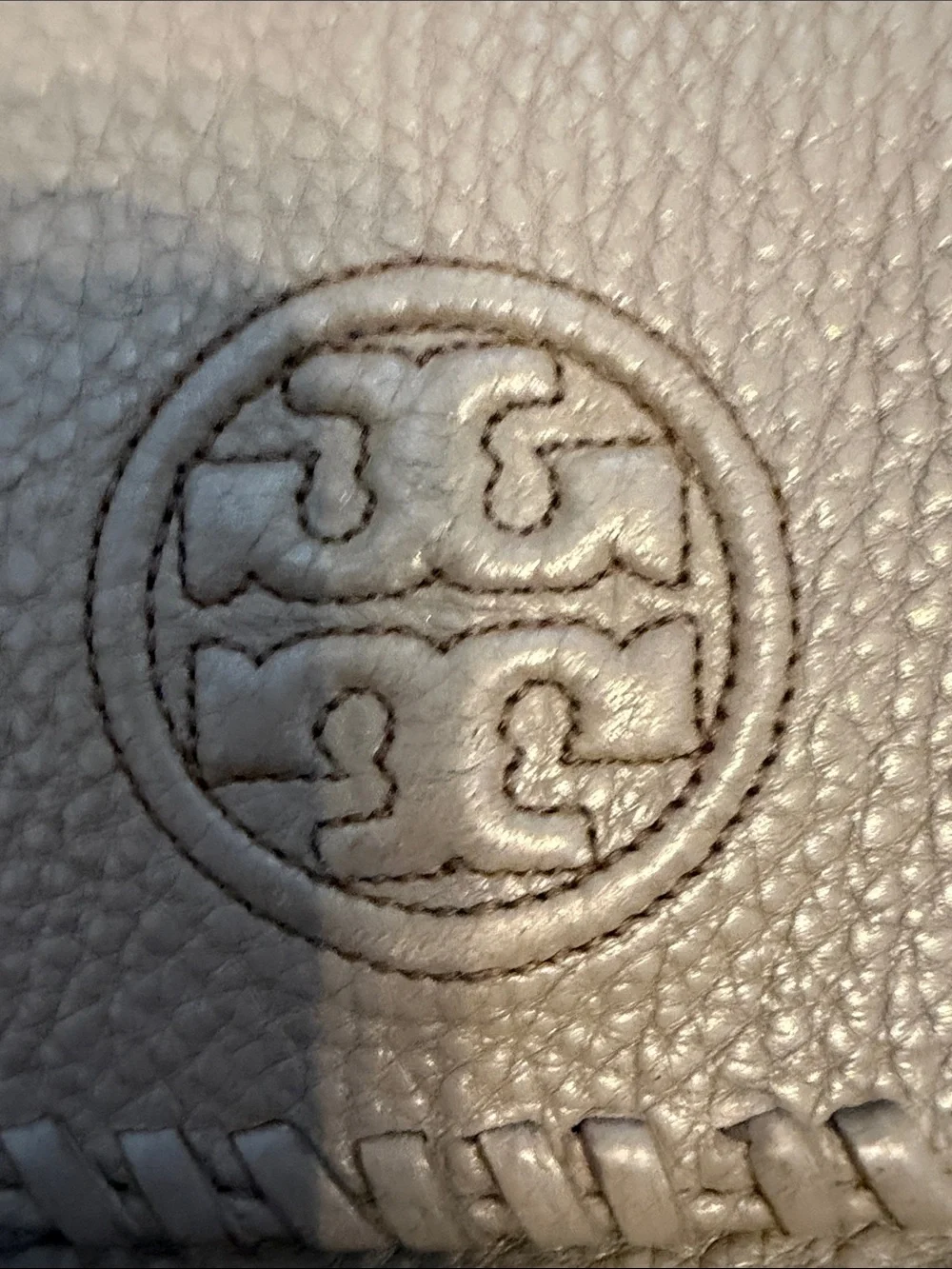 Tory Burch Gray Pebbled Leather Whipstitch Crossbody with Chain Strap